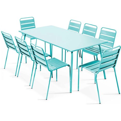 Ensemble table de jardin et 8 chaises en métal turquoise - Palavas