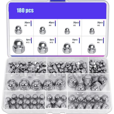 Tuercas ciegas hexagonales de acero inoxidable, paquete de 180 unidades, rosca métrica M3-M12, resistentes a la corrosión, para aplicaciones en automoción, motocicletas, muebles y herrajes decorativos (1/5)