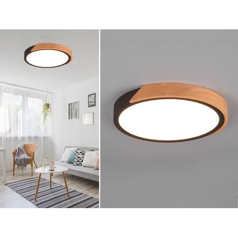 LED Deckenleuchte JANO rund Schwarz mit Holz, 3 Stufen Dimmer, Ø 31cm (1/5)