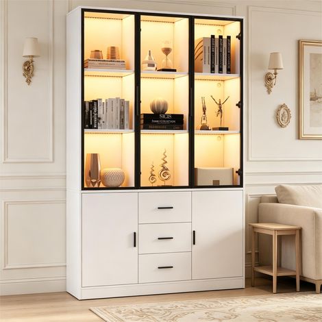 Vitrine 120x30x200cm porte vitrée LED 3 tiroirs étagères multiples blanc (1/5)