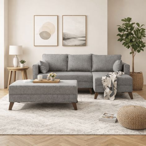 Schlafsofa aus grauem Stoff – Ecksofa inklusive Fußhocker –