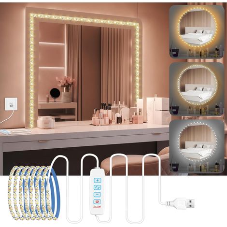Miroir LED à Intensité Variable, 3 Couleurs,2m Coiffeuse et Lumière de Maquillage, Lumière de Miroir en Adhésif, Lampe de Miroirs LED Alimenté par USB pour Coiffeuse