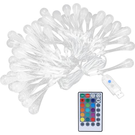 Guirlande lumineuse 50 LED IP45, 16 couleurs, lampe goutte d'eau USB avec télécommande pour extérieur cour jardin pelouse