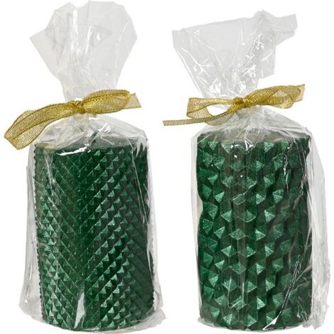 CANDELA VERDE PILLAR METALLIZZATA E GLITTERATA 10 CM 2 ASSORTIMENTI PREZZO CAD