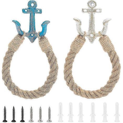 Set mit 2 Toilettenpapierhaltern im maritimen Stil, inklusive Wandhandtuchhalter und Seilhalterung für Badezimmer – Weiß und Blau (1/5)