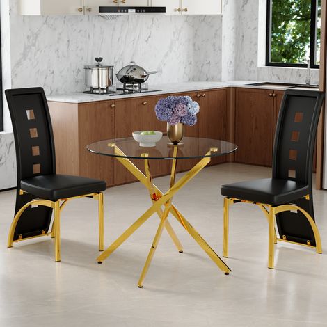Ensemble table à manger ronde 88 cm en verre trempé avec 2 chaises noires PU (1/5)