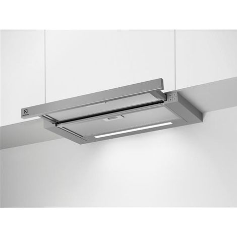 Electrolux – Hotte tiroir télescopique 3 vitesses – Débit 650 m³/h – Niveau sonore 46/68 dB – Filtre à graisse aluminium lavable – Éclairage LED