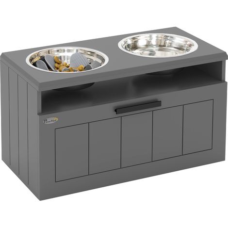 Station d'alimentation pour grands chiens, avec 2 gamelles en acier inoxydable, tiroir, distributeur de croquettes, MDF, acier, gris (1/5)