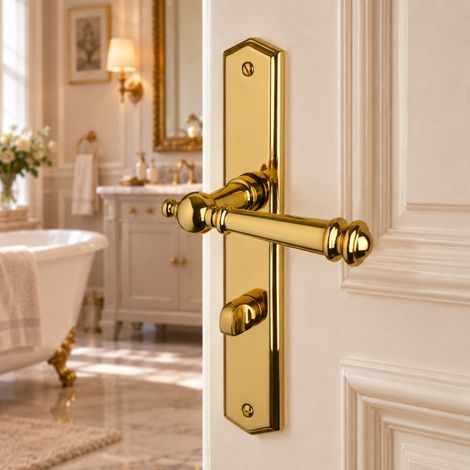 Ouvre&Déco - 2 poignées de porte ATTILA en laiton poli doré – Entraxe 195 mm – Condamnation WC / salle de bains – Style classique chic (1/5)