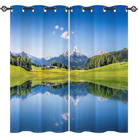 Rideau Occultant Nature Montagne Forêt Lac Paysage Rideau Thermique Isolant Tenture Opaque à Oeillets Draperies Intérieurs pour Maison Chambre Salon 2 Panneaux L 117 x H 160 cm - 117L X 160H cm (2 Pan (1/5)