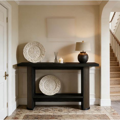 Console 140x30x80 cm en bois noir, gain de place pour entrée et salon FloraGrace (1/5)