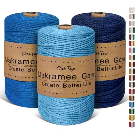 Lot de 3 fils pour macramé 3 mm x 220 m Pour bricolage, artisanat, décoration, suspension de plantes suspendues (bleu clair, bleu, bleu foncé) (1/5)