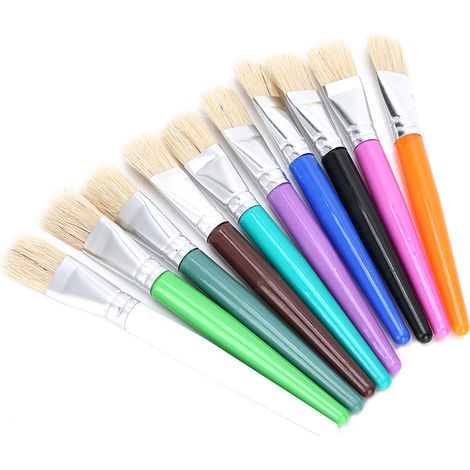 Lot de 10 pinceaux pour enfants, adaptés à la peinture à l'huile et à l'aquarelle, avec manches en plastique et poils fins. Idéal pour le dessin à la gouache et à l'huile.