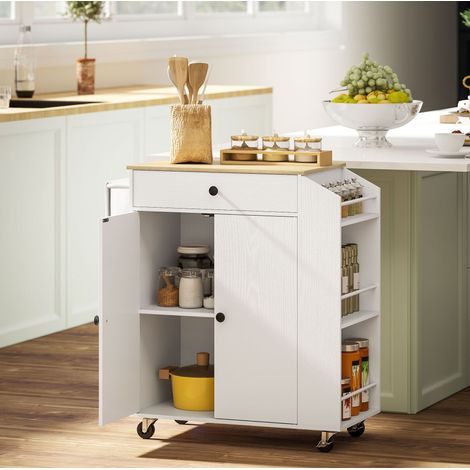 Isola cucina bianca con ruote, piano, cassetto, armadio, portaspezie e barra portasciugamani (1/5)