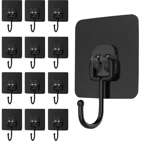 Lot de 12 crochets adhésifs noirs, charge maximale 20 kg, pour fixation murale, en acier inoxydable, ultra-résistants, imperméables et sans traces, adaptés à la cuisine, la salle de bain et le bureau. (1/5)