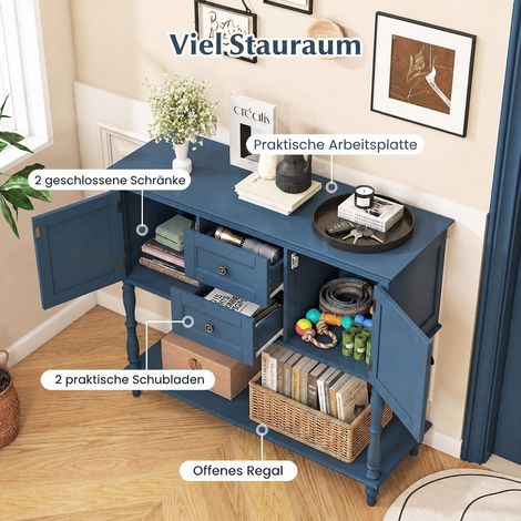 Table console avec 2 tiroirs, 2 meubles à portes et étagère de rangement inférieure - bleu (1/5)