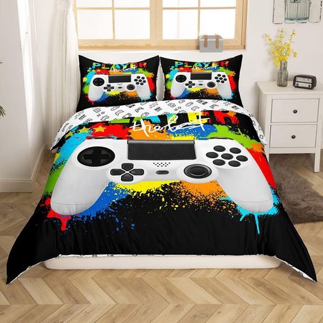 Gamer Parure de Lit 140x200cm pour Enfants Filles Rainbow Tie Dye Gaming Parure Housse de Couette Décor Coloré Contrôleur de Jeux Vidéo Housse de Couette Designs 2Pcs - 140 x 200 cm (1/5)