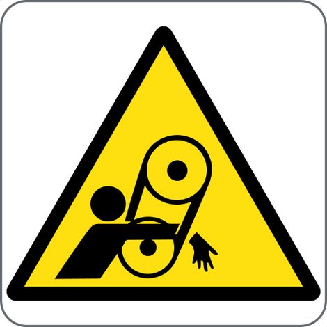 Panneau de signalisation danger bande transporteuse en mouvement - Materiel: PVC adhesive - Taille: 60x60mm