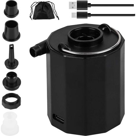 Pompe à air électrique avec batterie 1600 mAh, 200 l/min - Pompe à air portable pour matelas gonflable, bouée, sac sous vide, bateau pneumatique, camping - Gonflage rapide avec 5 buses et charge USB