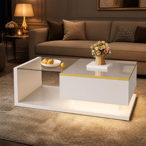 Mesa de centro 90 cm en vidrio templado, LED 16 colores, blanco brillo HAVRYA (1/5)