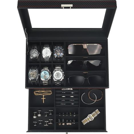 Étui à Montres Design avec Couvercle Verre, 6 Compartiments sur 2 Niveaux, Boîte Cadenassée (1/5)