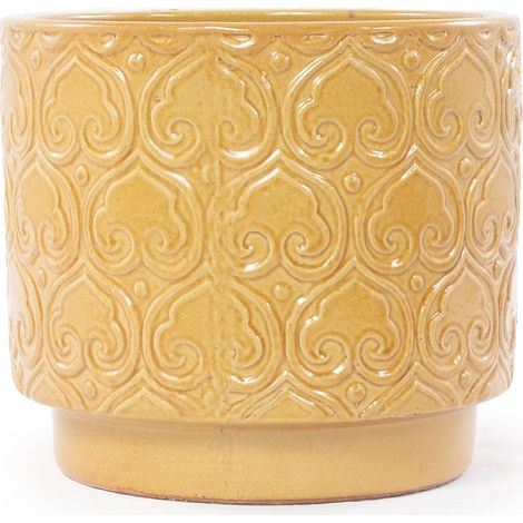 Petit pot en céramique 19 cm, jaune chaud brillant, avec trou de drainage, pour mini succulentes et herbes de bureau (1/5)