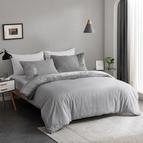 Parure de Lit avec Bande en Velours Ecrasé 1 x Housse de Couette 200x200 cm 2 Personnes et 2 x Taies d'oreiller 50x75 cm Couleur Unie avec Fermeture Eclair, Gris Clair (1/5)