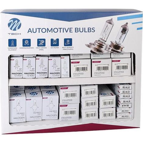 Présentoir mural 250 ampoules halogènes 12V – Culot PX26D, P43T, P14.5S, T11X36, BAU15S, BA15S, BAY15D, G18, T10 – 393x149x353mm