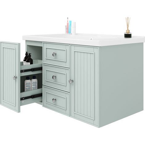 Meuble sous vasque suspendu vert 78,5x46x46,8 cm, rangement salle de bain avec 3 tiroirs, meuble lavabo mural spacieux, armoire de toilette moderne. (1/5)