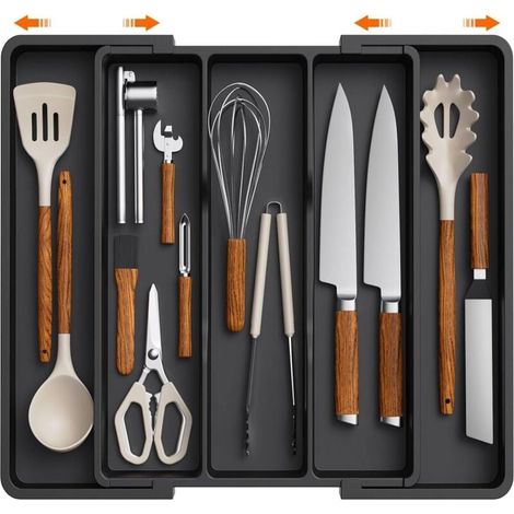 Utensil Drawer Organizer, Expandable Large Kitchen Cutlery Tray, Adjustable Flatware Holder, Plastic Kitchen Spatula Storage Divider for Tools and Gadgets, Large, Black MUMU (1/4)