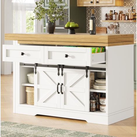 Îlot de cuisine 197x40x72 cm en MDF blanc et décor chêne, table extensible gain de place – MEUBLIV (1/5)