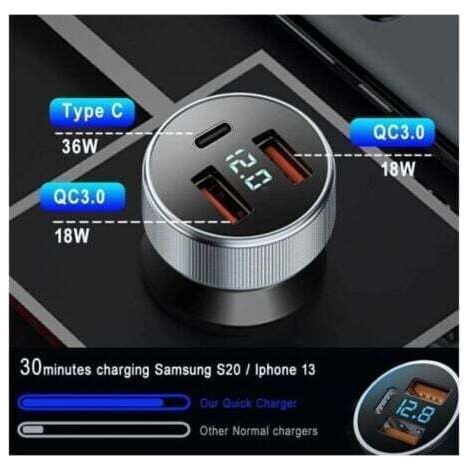 NALOOKAMIC 72W Chargeur Voiture Allume Cigare USB, Adaptateur de Charge Rapide M��taux, USB Dual, Chargeur de Voiture USB avec Voltm��tre LED