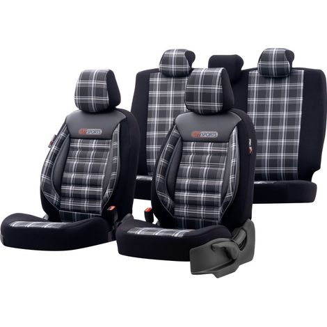 Luxus-Sitzbezug-Set OTOM Textil mit Kunstleder – GTI SPORTS Design, Schwarz mit grauer Naht, für Vorder- und Rücksitze