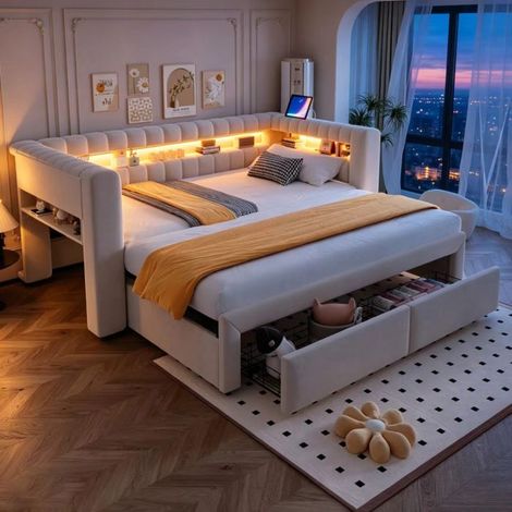 Lit rembourré convertible 90x190cm, canapé-lit gigogne, avec tiroirs et rangements, éclairage LED, ports USB et Type-C, Beige (1/5)