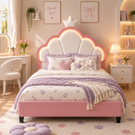 Lit enfant fille 90x200 cm avec sommier, Lit Princesse 90x200, Tête de lit couronne avec LED, Velours Rose