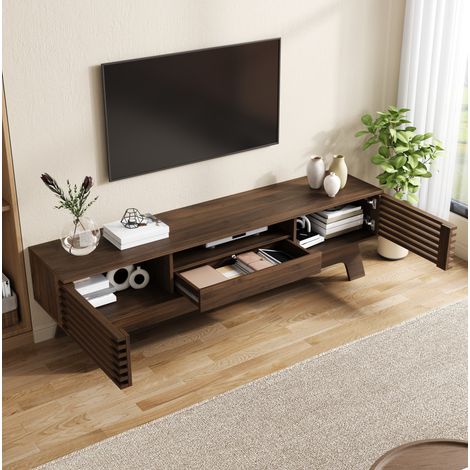 Meuble TV en MDF avec portes à lamelles, tiroir et passe-câbles, noyer – OKMYHOME (1/5)