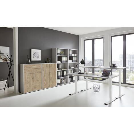 BMG Möbel Büromöbel-Set, e-Office Edition Set 21, Schreibtisch höhenverstellbar, 160 cm, grau/ gold harbor oak