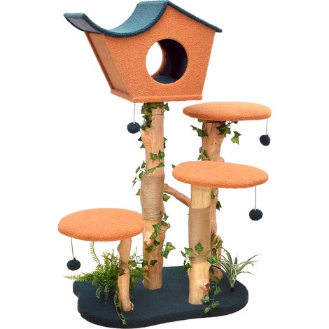 Fudajo Kratzbaum mit Pflanzendeko 135 cm, Katzenkratzbaum mit Teddyfell und Birnbaumholz, Katzenhaus mit Spielbällen, Katzenmöbel mit Plattformen