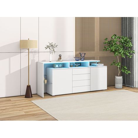 Buffet en bois blanc brillant avec éclairage LED – Armoire TV multifonctionnelle – Rangement intelligent pour salon et salle à manger (1/5)