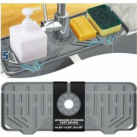 Ulisem Silikon-Abtropfmatte mit Wasserhahngriff, Spülmittel-Schwammhalter für Küchenspülenzubehör, Abtropfmatte für Küchenarbeitsplatten (Grau) (1/4)