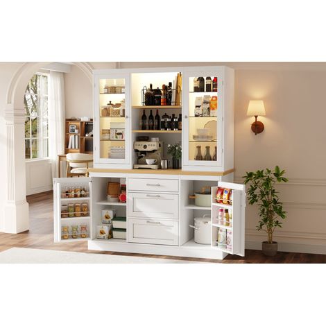 Armoire de cuisine avec éclairage LED piloté par application, 185x140x40cm, 3 tiroirs, plan de travail, étagères réglables, Noir/Blanc/Vert (1/5)