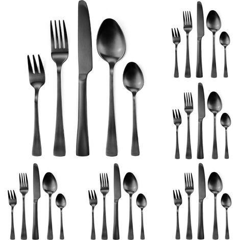 Set de couverts pour 6 personnes, 30 pièces noir mat en acier inoxydable, couverts noirs avec couteau, fourchette, cuillère, set de couverts noirs, passe au (1/5)
