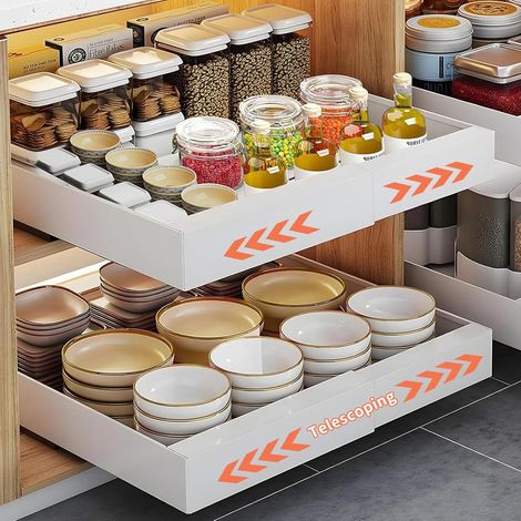 2 x Sliding Kitchen Drawer, Sliding Cabinet Organizer, Extendable and Storage Drawers, Kitchen Drawer Slider Adhesive, with High Railing (32 cm to 52 cm) (1/5)