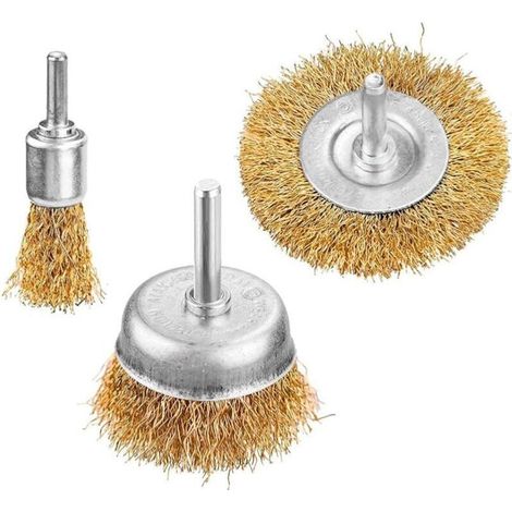 Jeu de 3 brosses métalliques droites 25/50mm – Acier trempé et cuivré – Pour enlèvement rapide de rouille et peinture – Compatible perceuses 6,35mm (1/2)