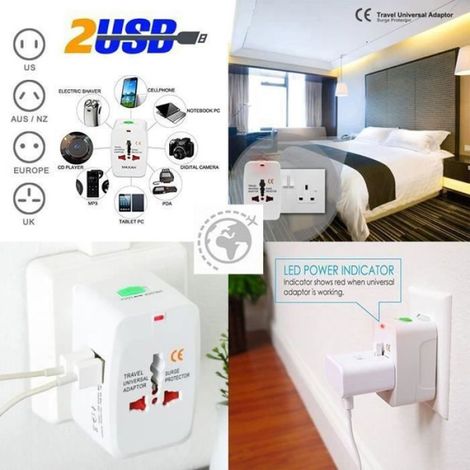 Adaptateur de Voyage avec 2 Ports USB Tout en Un Secteur Universel Chargeur Multiple EU US UK AU Compatible Plus de 150 pays (1/4)