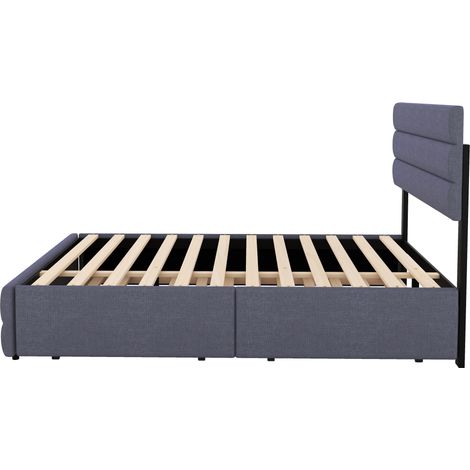 Cama plataforma 140 x 200 cm gris con 2 cajones y cama nido, en lino y MDF (1/5)