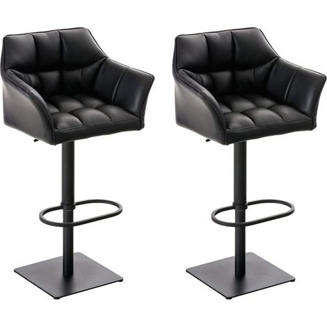 Juego de 2 taburetes de bar giratorios en piel sintética negra con estructura de metal negro – Asiento de sillón acolchado con reposabrazos – Altura regulable 100006570