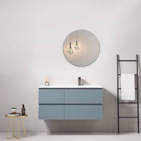 Mobile bagno sospeso cannettato 100 cm Blu Avio Lavabo a Destra in Ceramica Specchio Tondo - Fiji Paint (1/4)