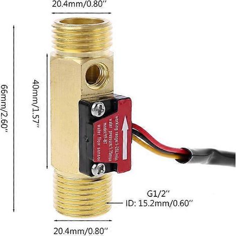 Débitmètre à effet Hall en laiton G1/2" avec sonde NTC et détecteur de température pour turbines et liquides. (1/5)
