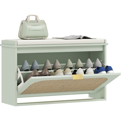 Panca porta scarpe, panca contenitore, seduta imbottita, cassetto a ribalta, anta in rattan, 80 x 26 x 47,5 cm, verde